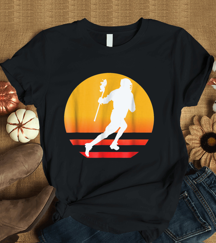 Lacrosse Player Silhouette Over American Sunset USA Fan T-Shirt