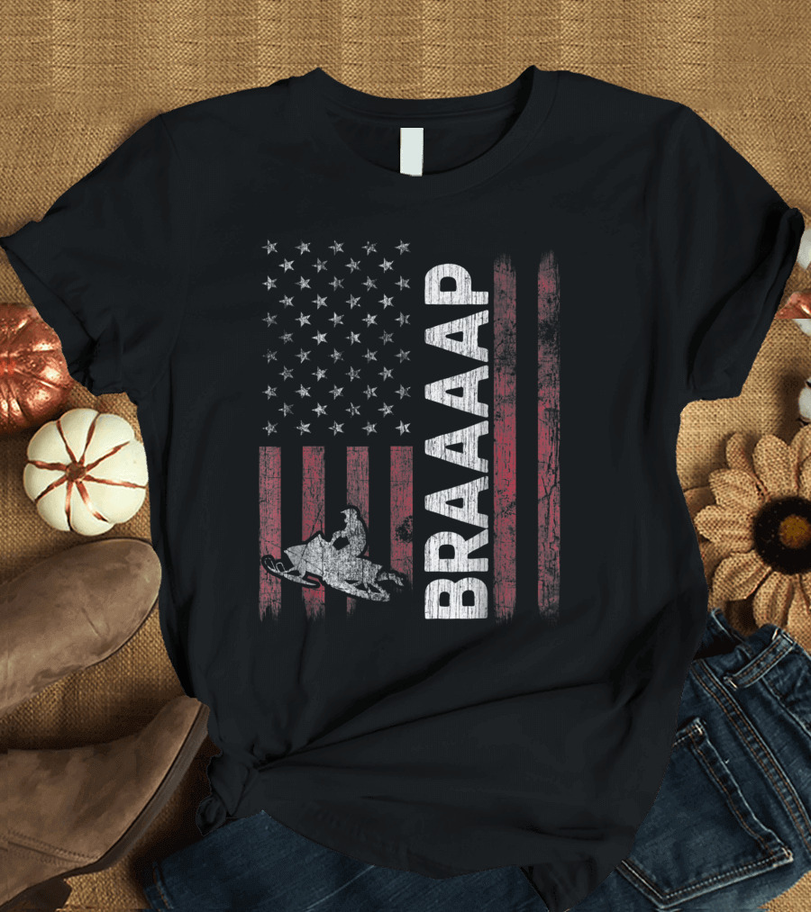 Distressed Braaaap American Flag Snowmobiling Vintage Style USA Snowmobile T-Shirt