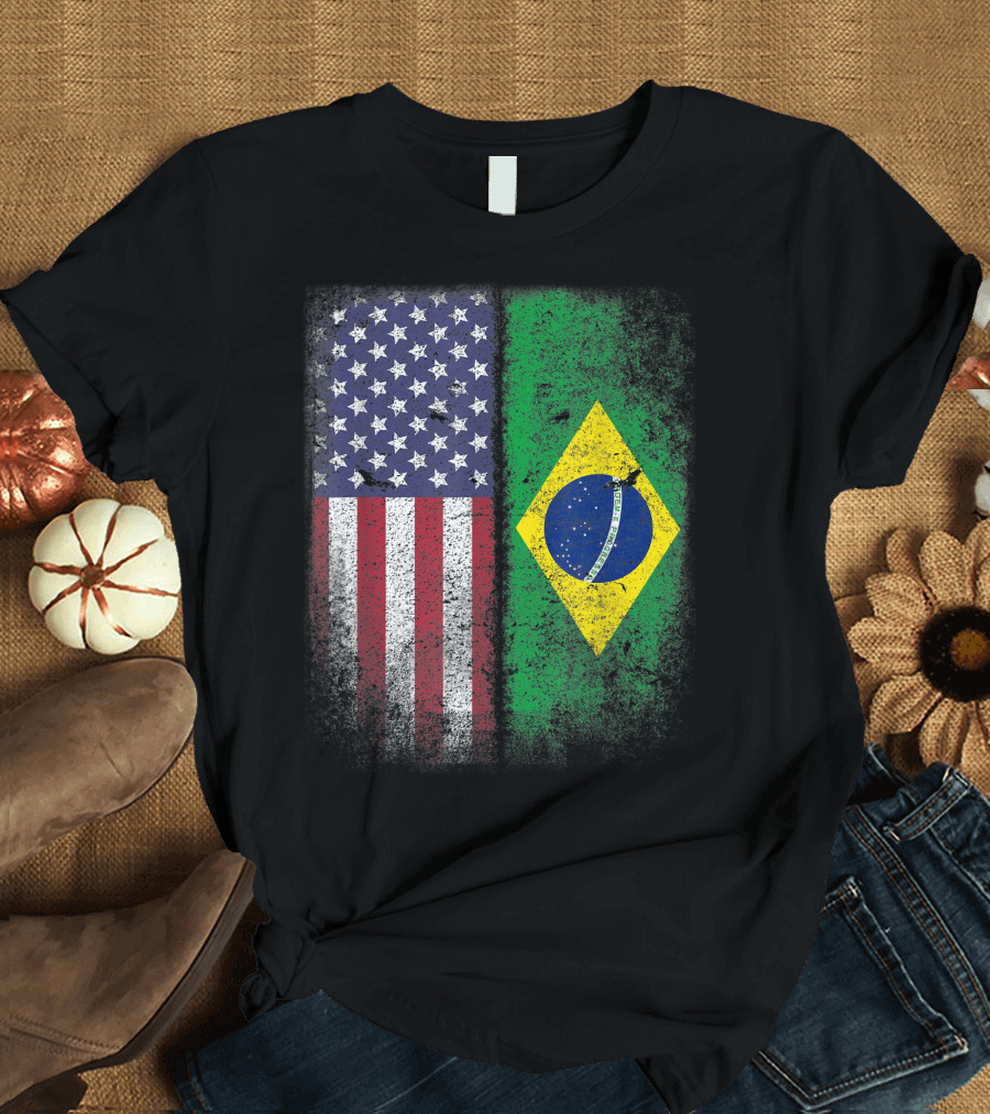 Brazil USA Flag Grunge Style Brazilian American Bandeira Do Brasil T-Shirt