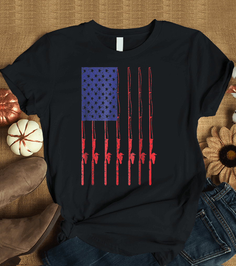 American Flag Fishing Rods Patriotic Usa Fun T-Shirt