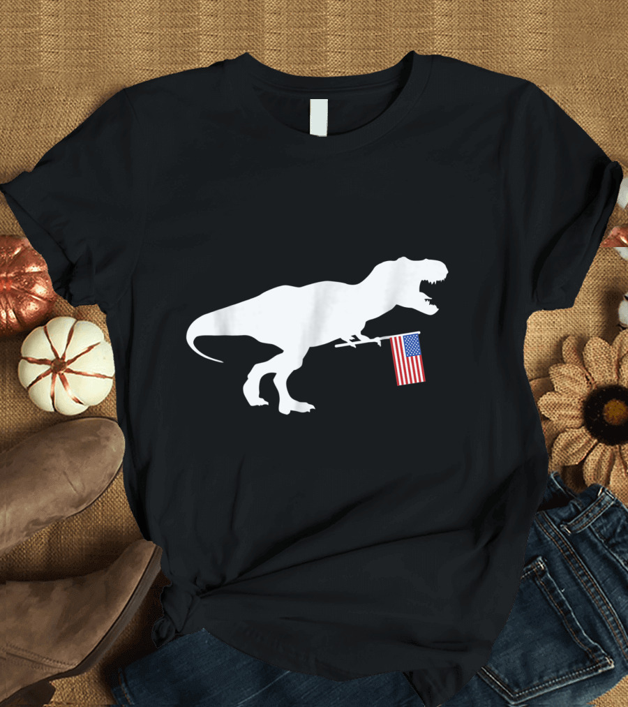 T Rex Holding American Flag 4th of July Dinosaur USA T-Shirt