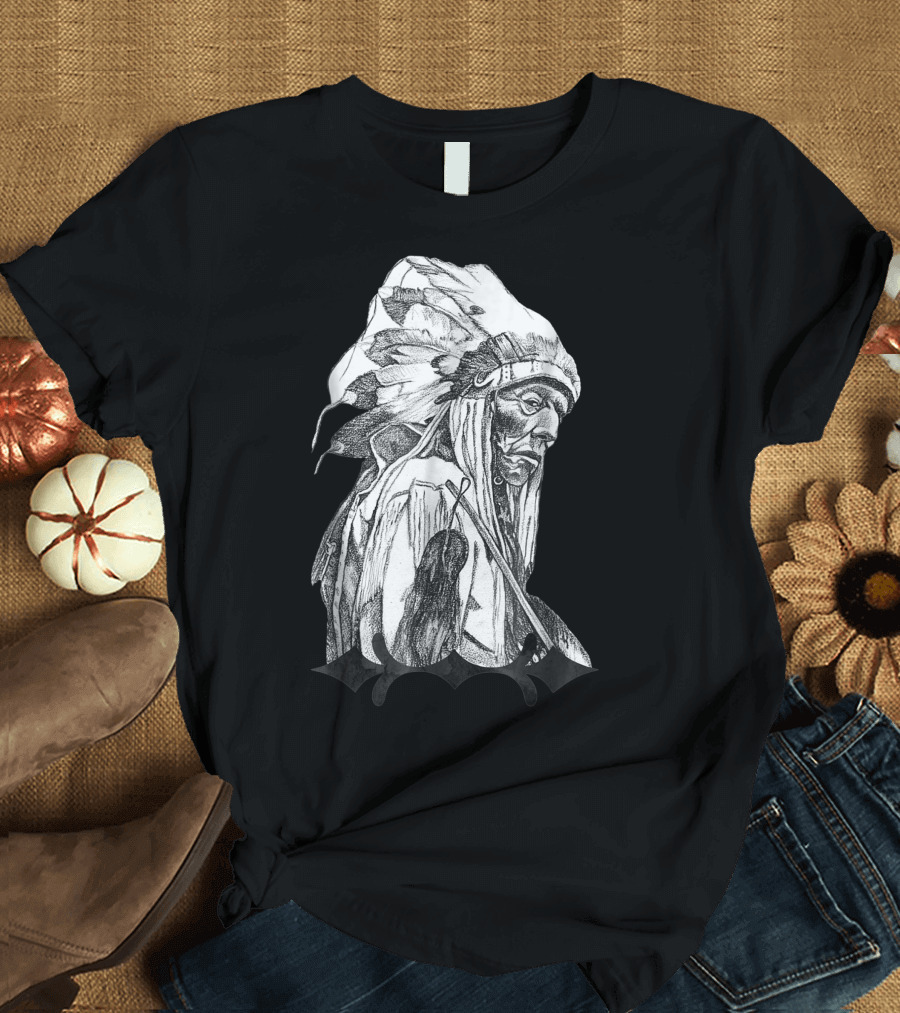 Chief Joseph Native American Indian Feather Headdress Grayscale Sketch T-Shirt