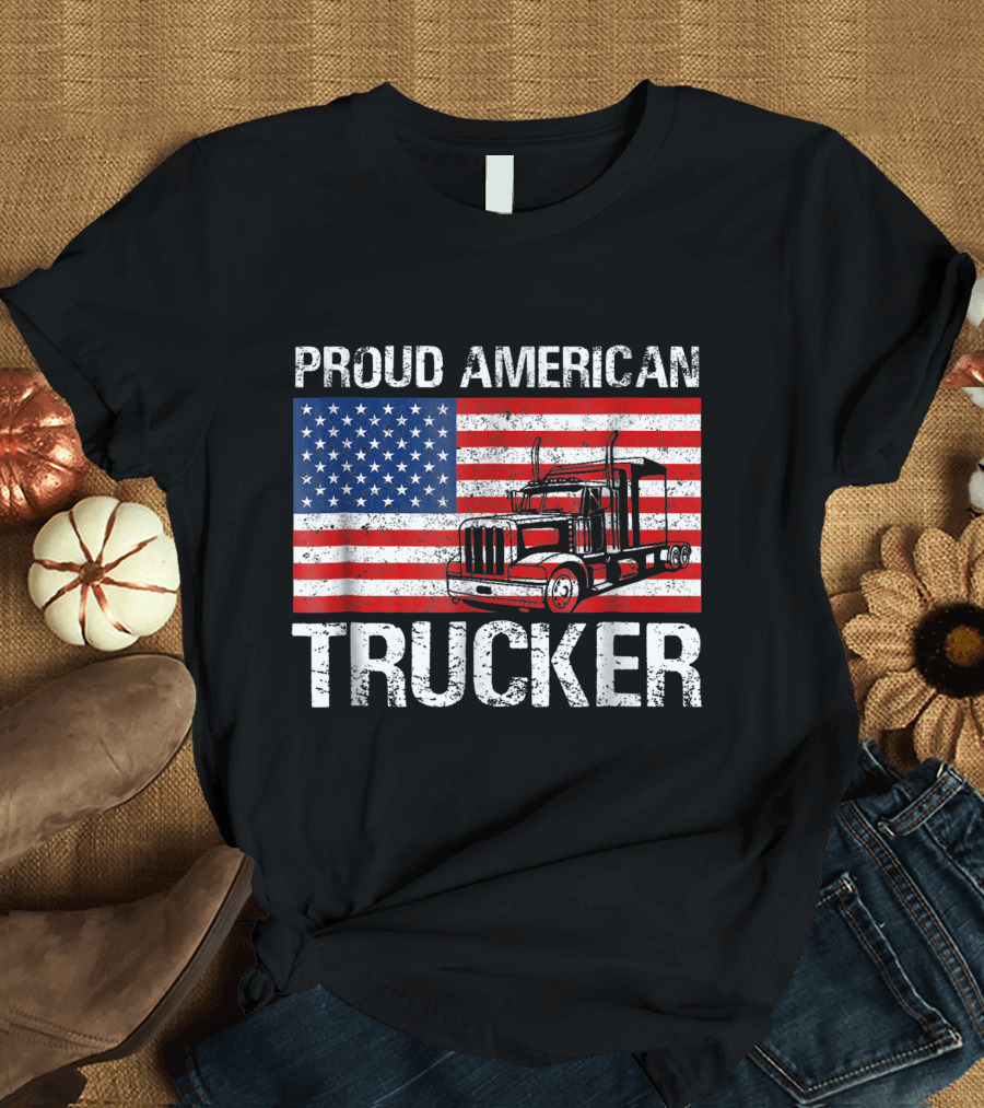 Proud American Trucker USA Flag Freightliner T-Shirt