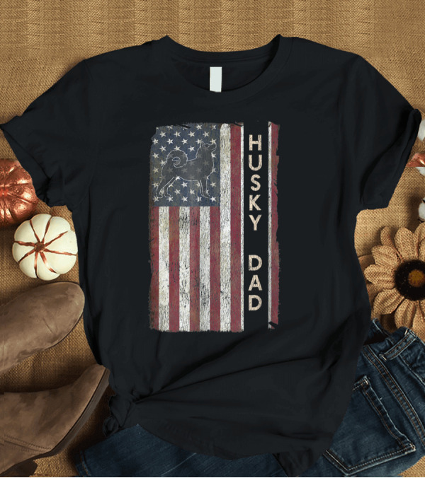 T-Shirt: Husky Dad American Flag Dog T-Shirt Husky Dad American Flag Dog T-Shirt