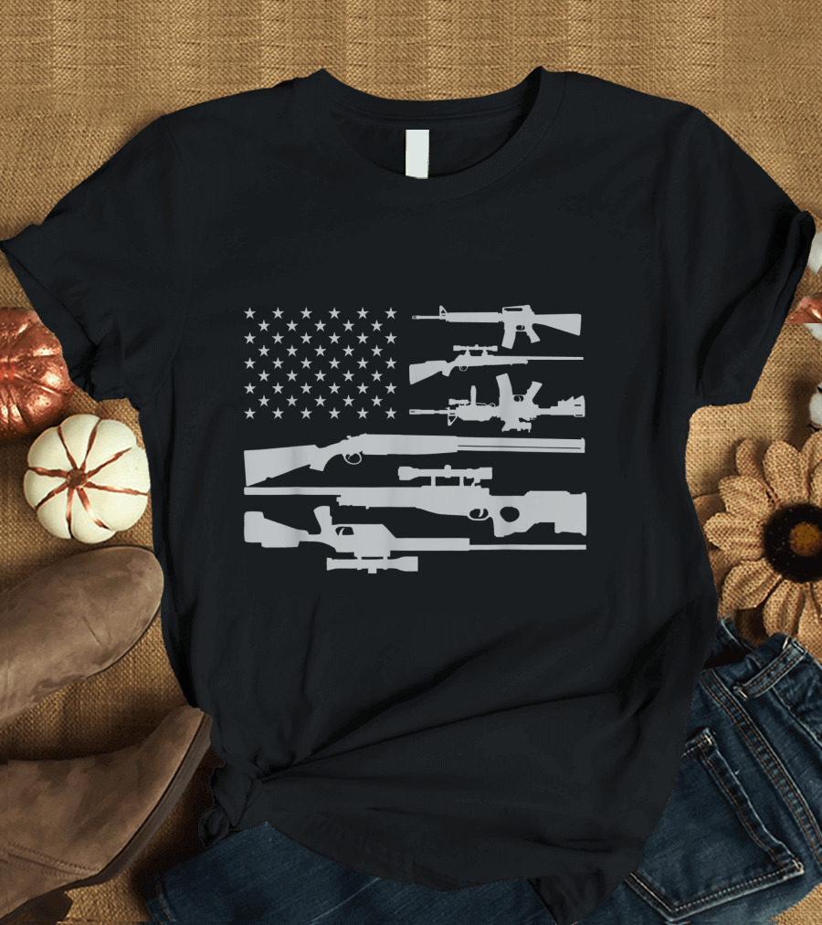 Gun And Rifle American Flag Patriotic Gun Silhouette Stars T-Shirt
