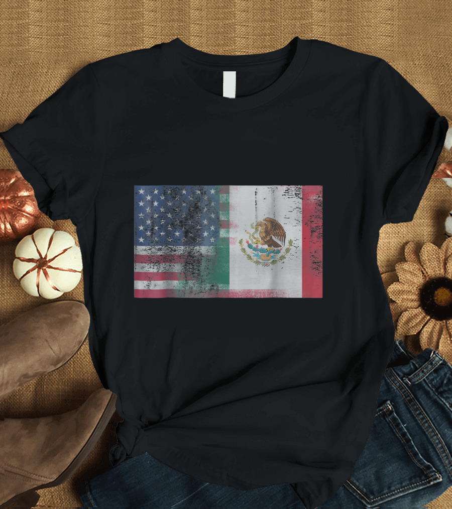 Half Mexico Half America Grunge Flag with Eagle and Stars T-Shirt