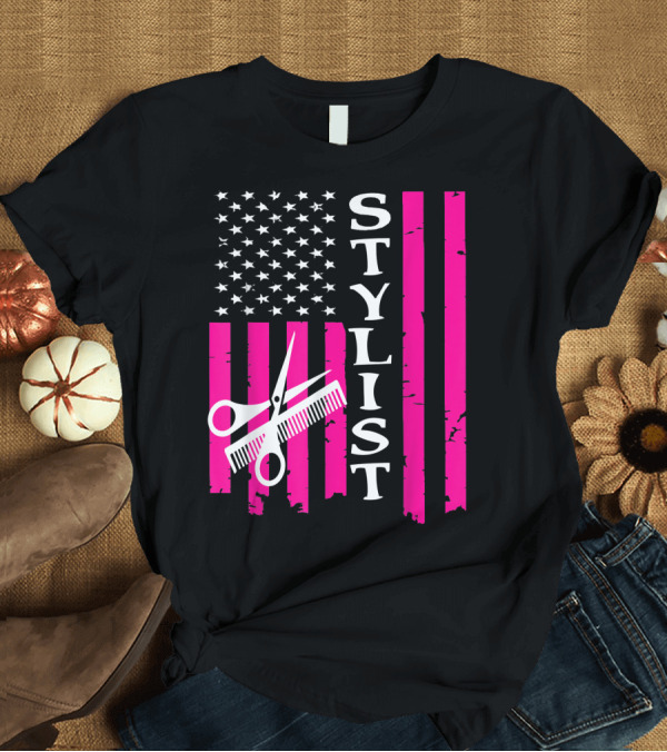 T-Shirt: American Flag Stylist with Scissors and Comb T-Shirt American Flag Stylist with Scissors and Comb T-Shirt