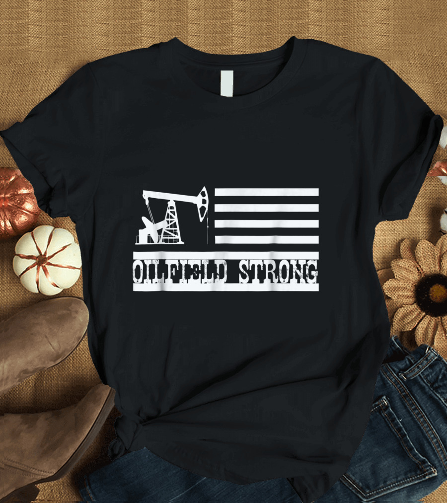 Oilfield Strong American Flag Pump Jack Patriotic T-Shirt