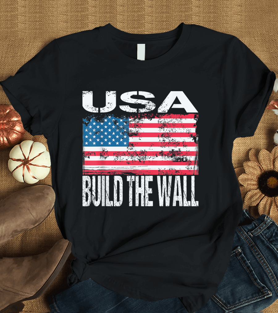 USA Build The Wall Vintage American Flag T-Shirt