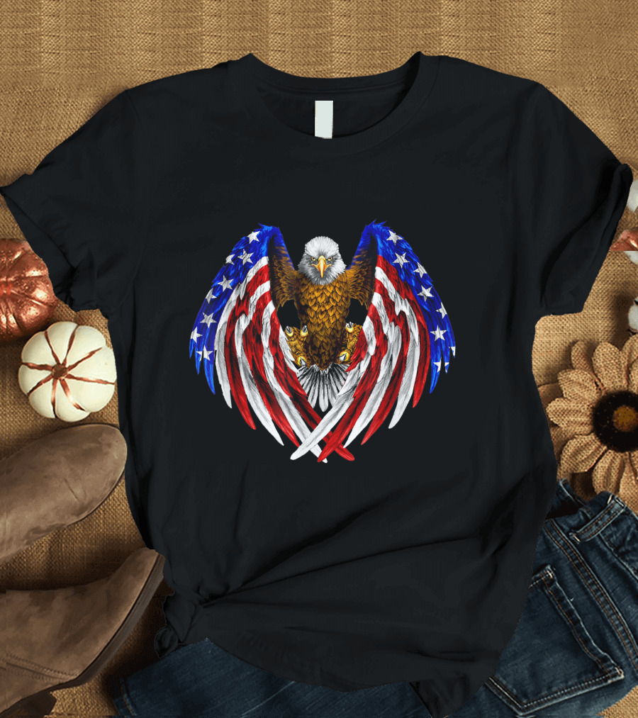 American Bald Eagle with Stars and Stripes Wing Spread in Red White and Blue T-Shirt
