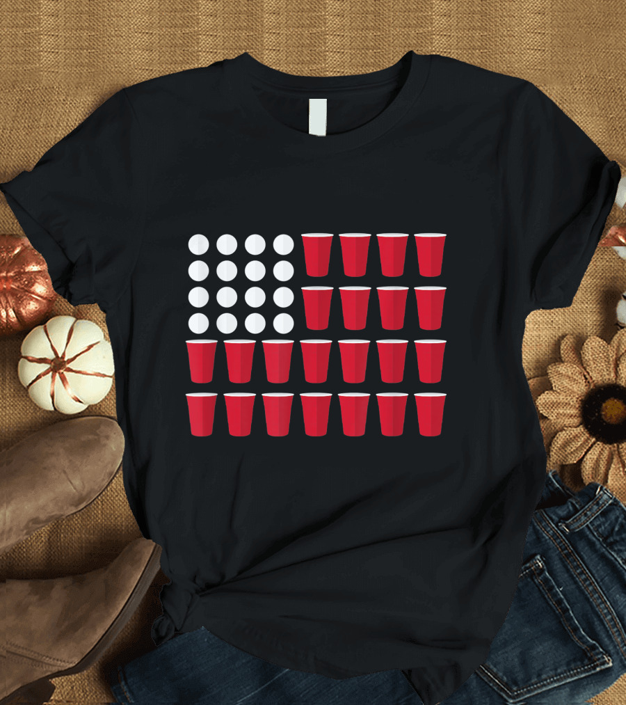 Beer Pong American Flag Red Cups White Balls T-Shirt