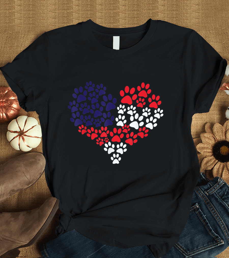 Cute Heart American Flag with Paw Prints for Dog Owner Patriot T-Shirt