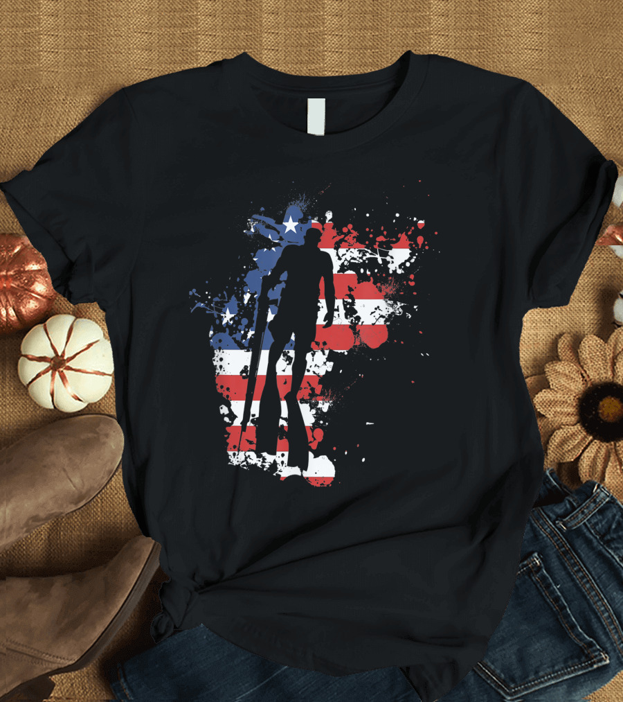 American Flag Freediver Silhouette Spearfishing Ocean Adventure T-Shirt