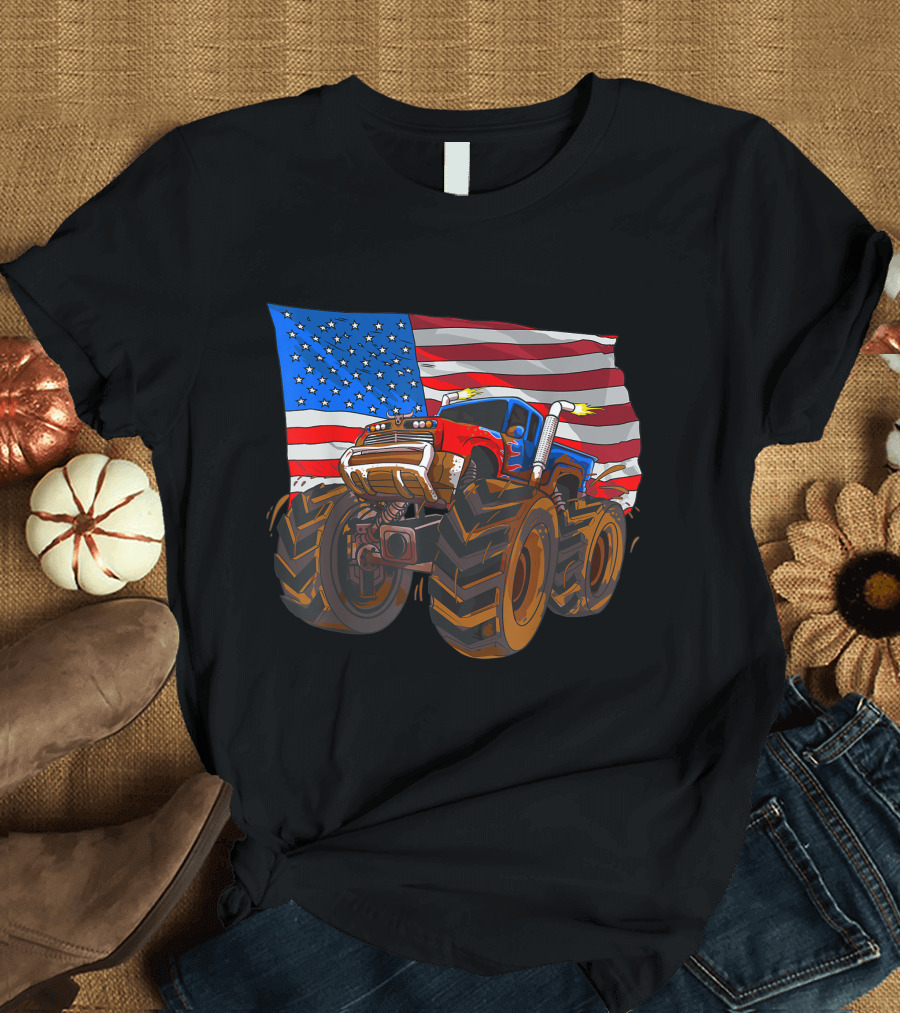 Monster Truck USA Flag 4th of July American T-Shirt