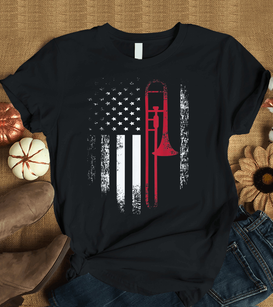 Vintage USA Red White Trombone American Flag T-Shirt