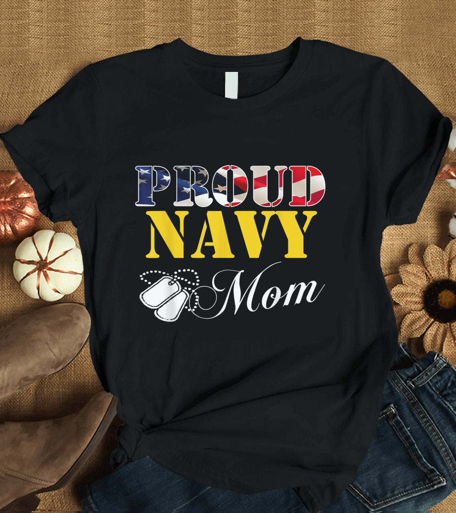 Proud Navy Mom with American Flag Colors and Dog Tags T-Shirt