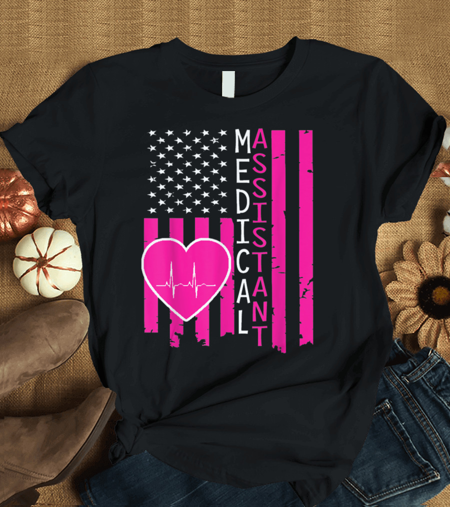 Medical Assistant American Flag Heartbeat Proud USA Medical Assistant T-Shirt