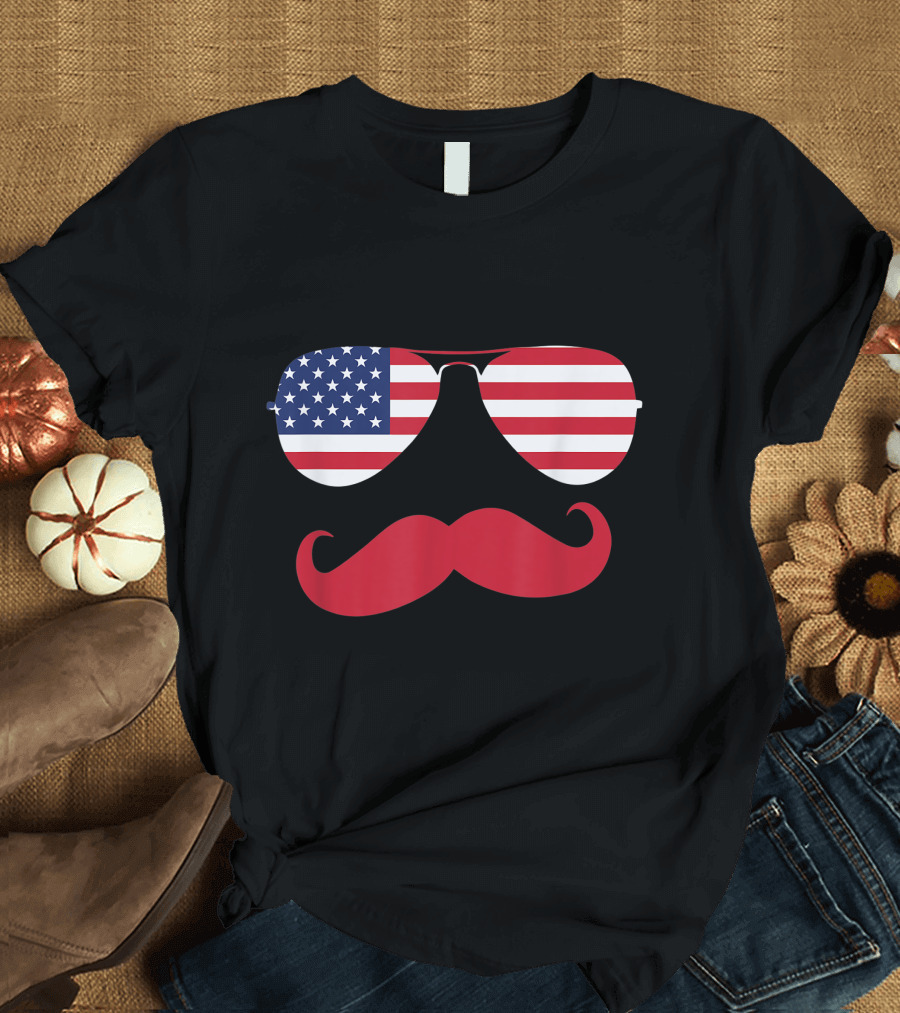American Flag Aviator Sunglasses Mustache Merica USA T-Shirt