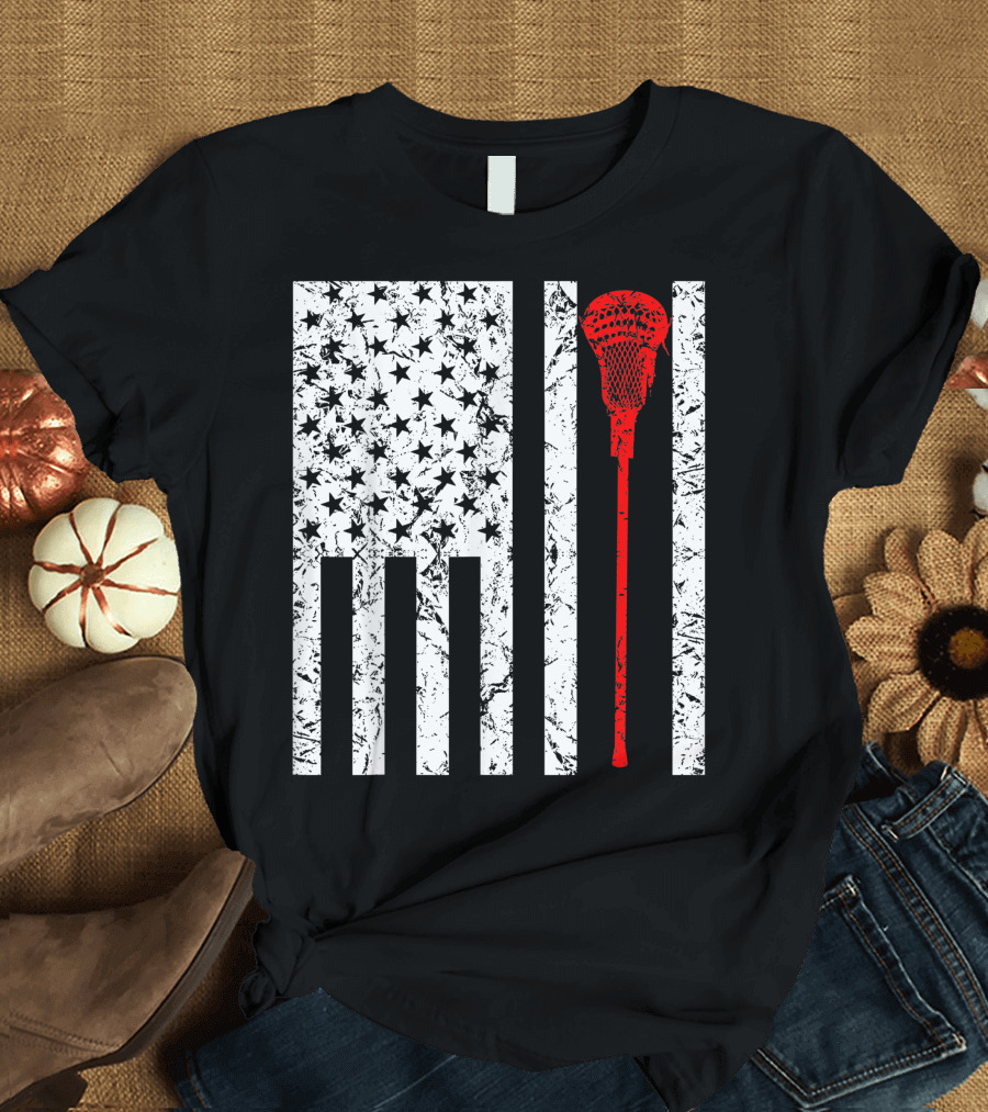 American Lacrosse Flag with Lacrosse Stick for Sports Fans T-Shirt