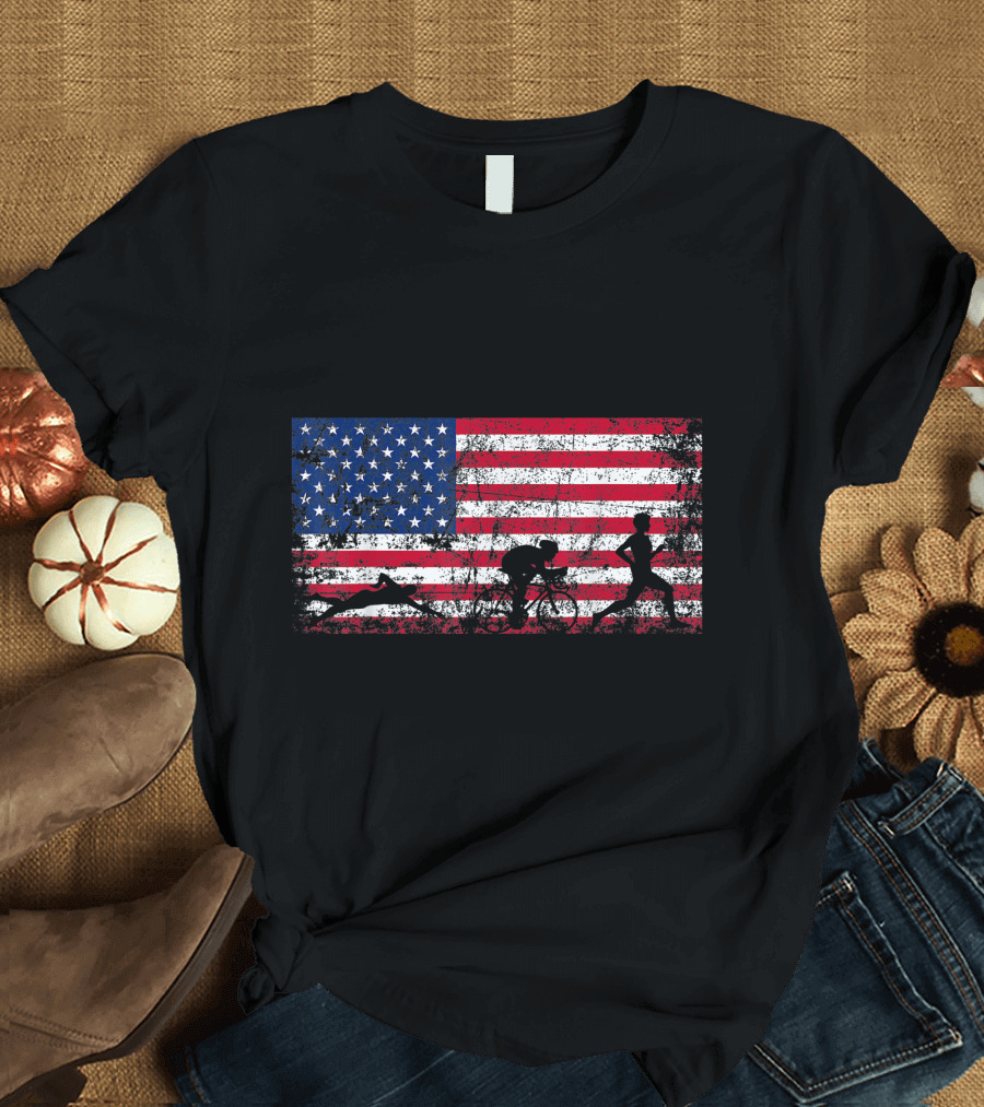 American Flag Triathlon Team Swim Bike Run T-Shirt