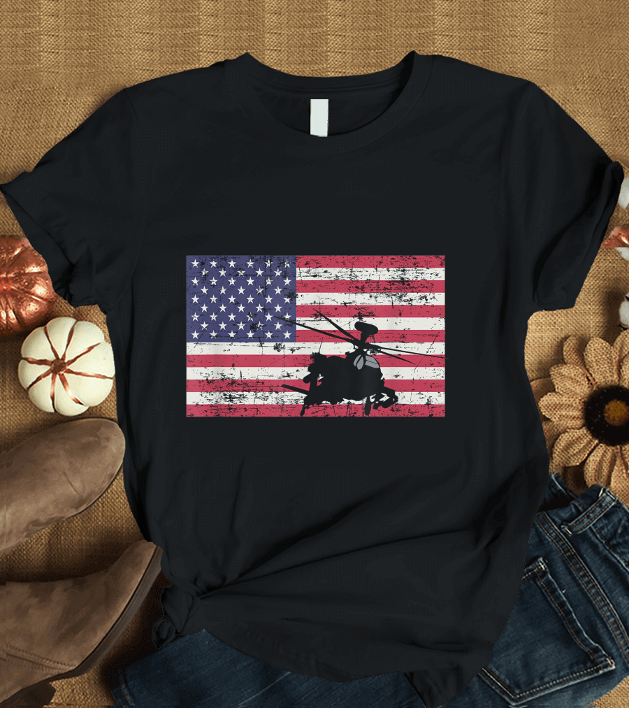 American Flag with AH-64 Apache Helicopter T-Shirt