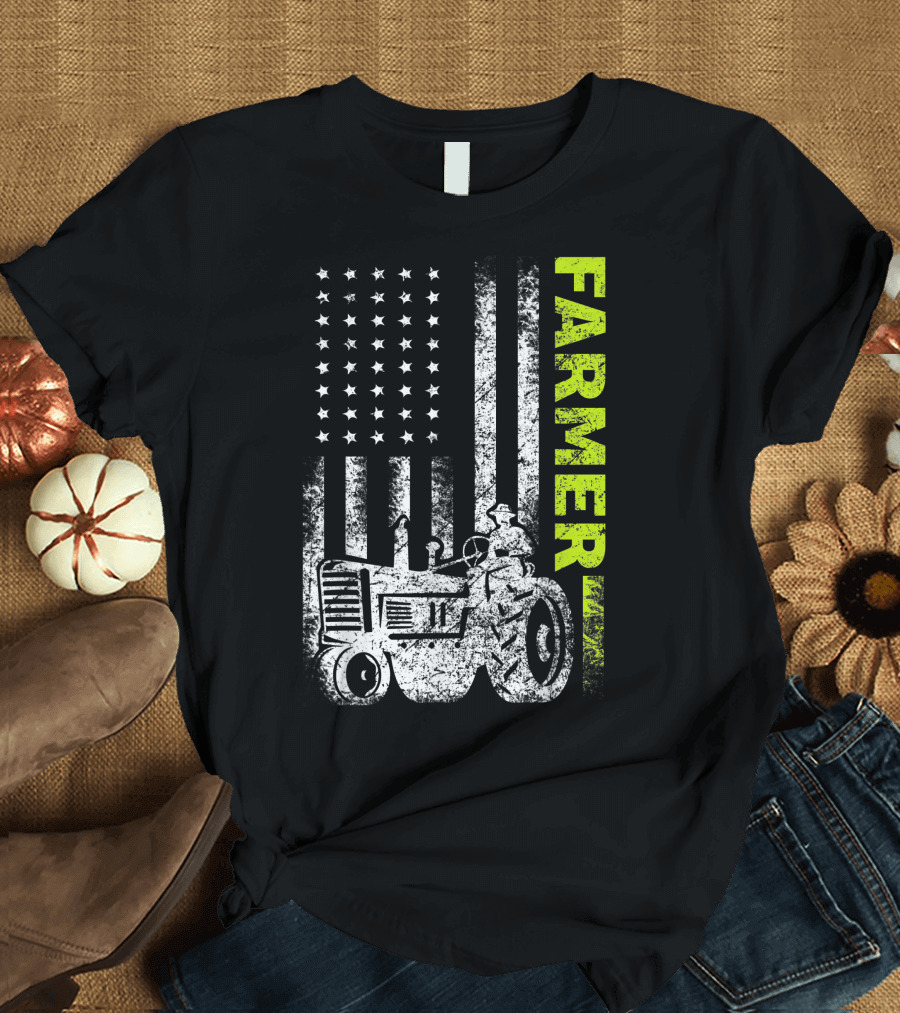Farmer Tractor American Flag Stars Stripes Vintage T-Shirt