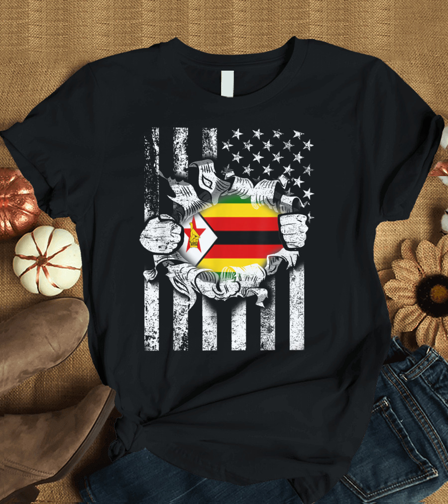 Usa American Flag Zimbabwean Patriot Heart Hands T-Shirt