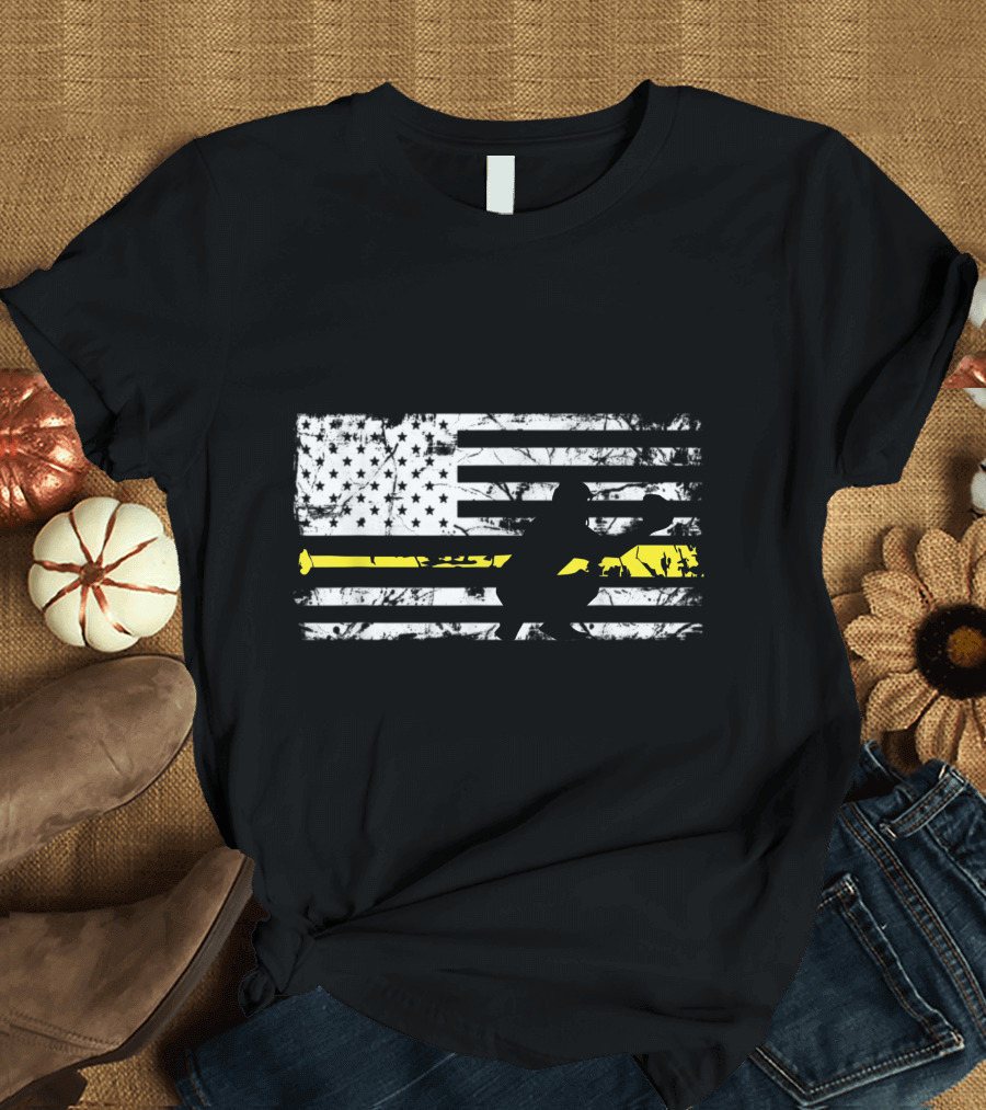 Softball Catcher American Flag with Yellow Stripe and Stars T-Shirt