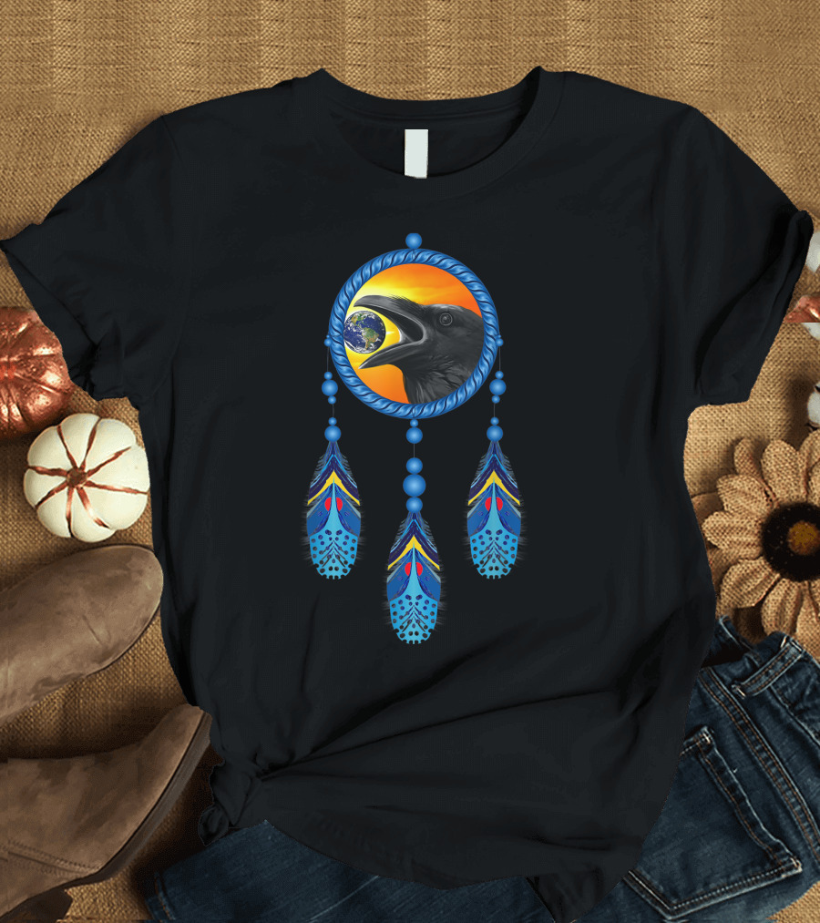 Native American Dream Catcher Raven Feathers Earth Tribal T-Shirt