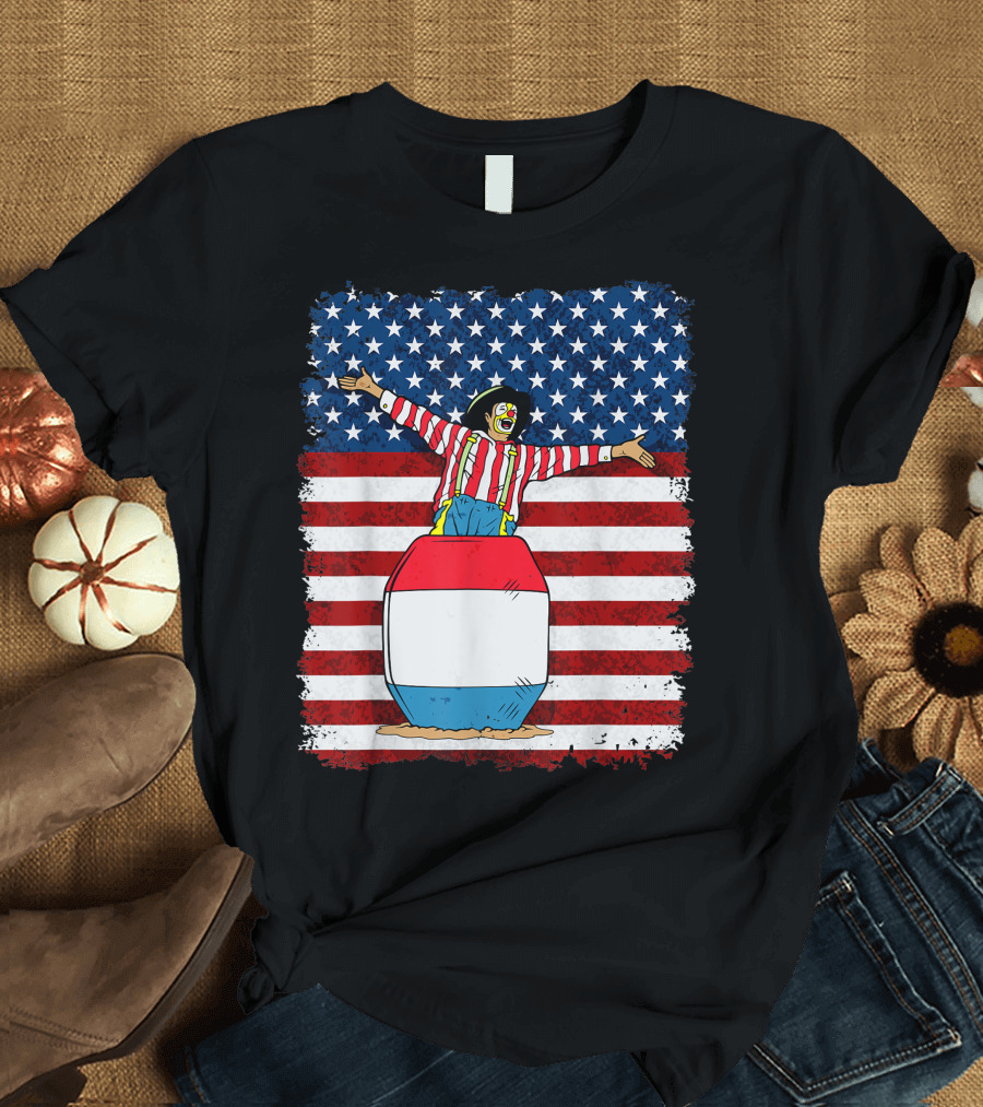 Rodeo Clown In Barrel American Flag Patriotic T-Shirt