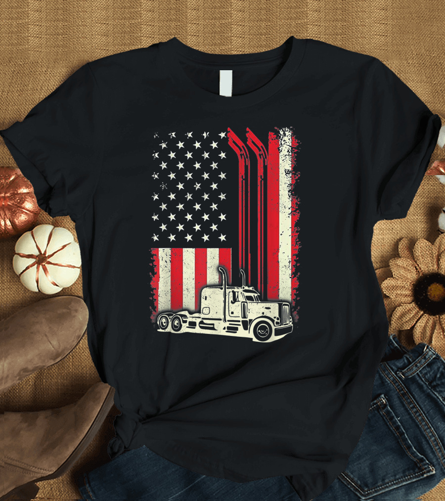 American Flag Big Rig Truck Patriotic T-Shirt