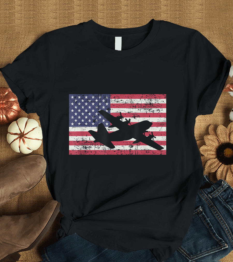 Patriotic C 130 Hercules Airplane American Flag T-Shirt