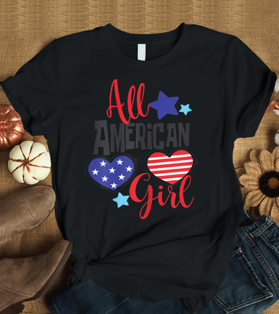 All American Girl Patriotic Stars Stripes Heart Sunglasses T-Shirt