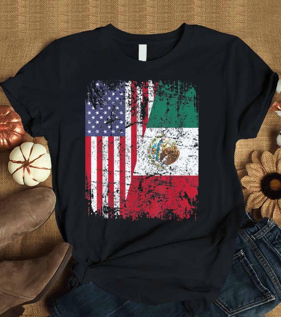 Mexican Roots Half American Flag Mexico United States Heritage Blend T-Shirt