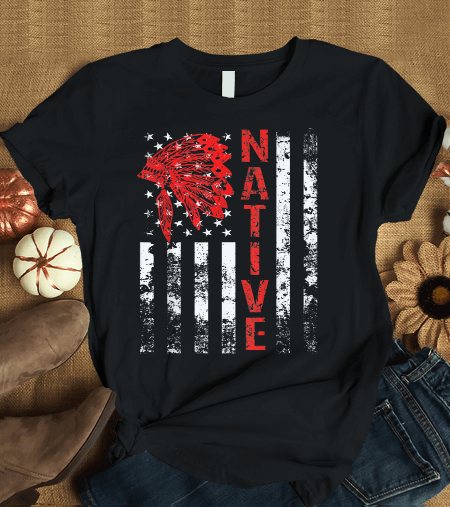 Native American Vintage Flag Usa Native Day Headdress T-Shirt