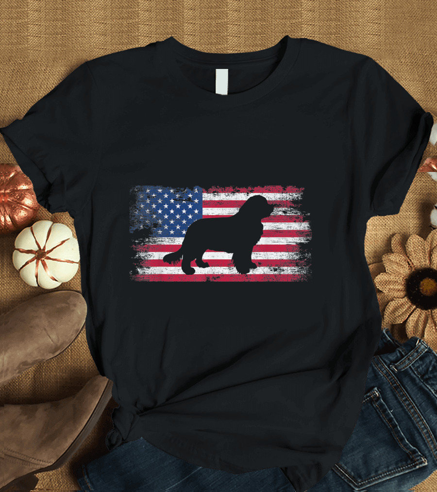 Newfoundland Dog Silhouette on Distressed American Flag Background T-Shirt