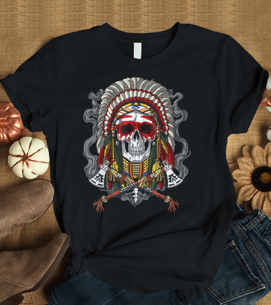 Native American Chief Skull with Indian Headdress and Crossed Tomahawks T-Shirt