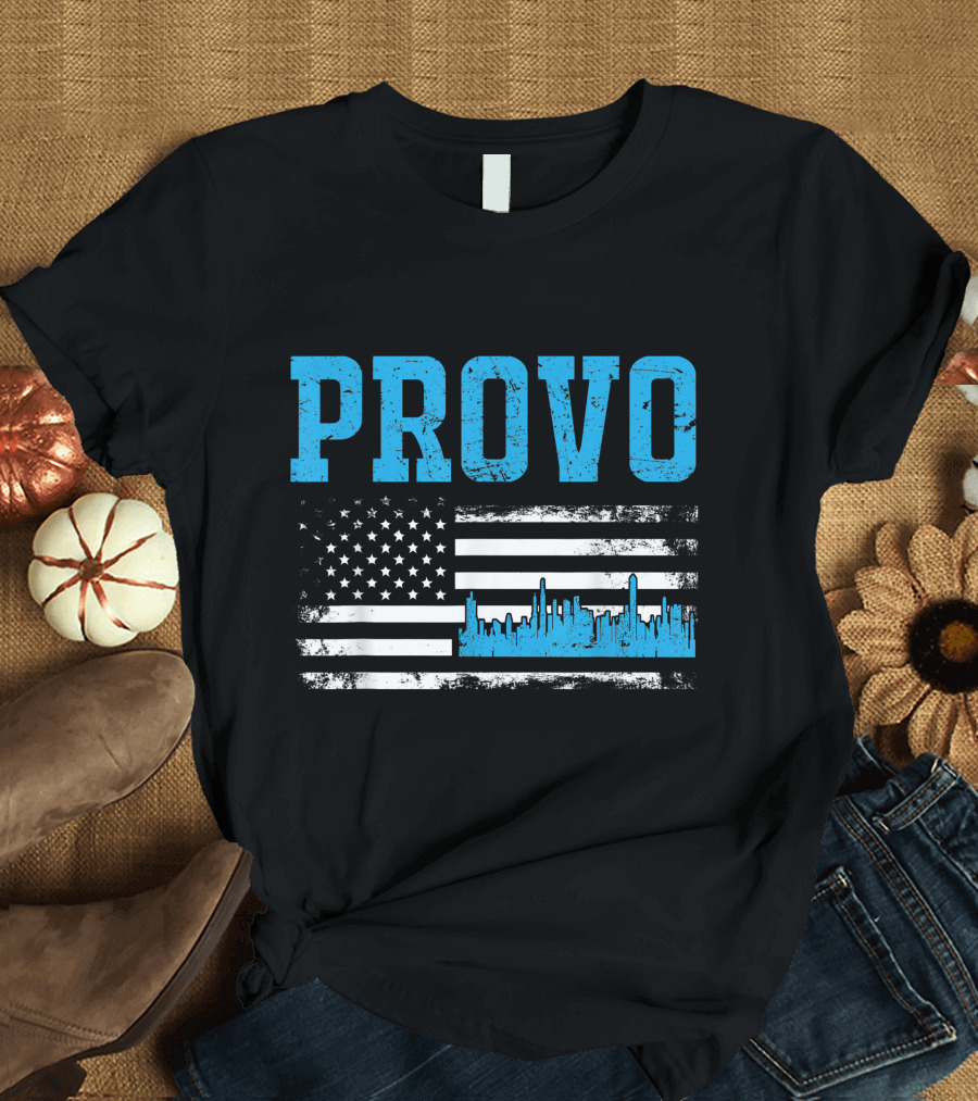 Provo Skyline Utah State American Flag with Blue City T-Shirt