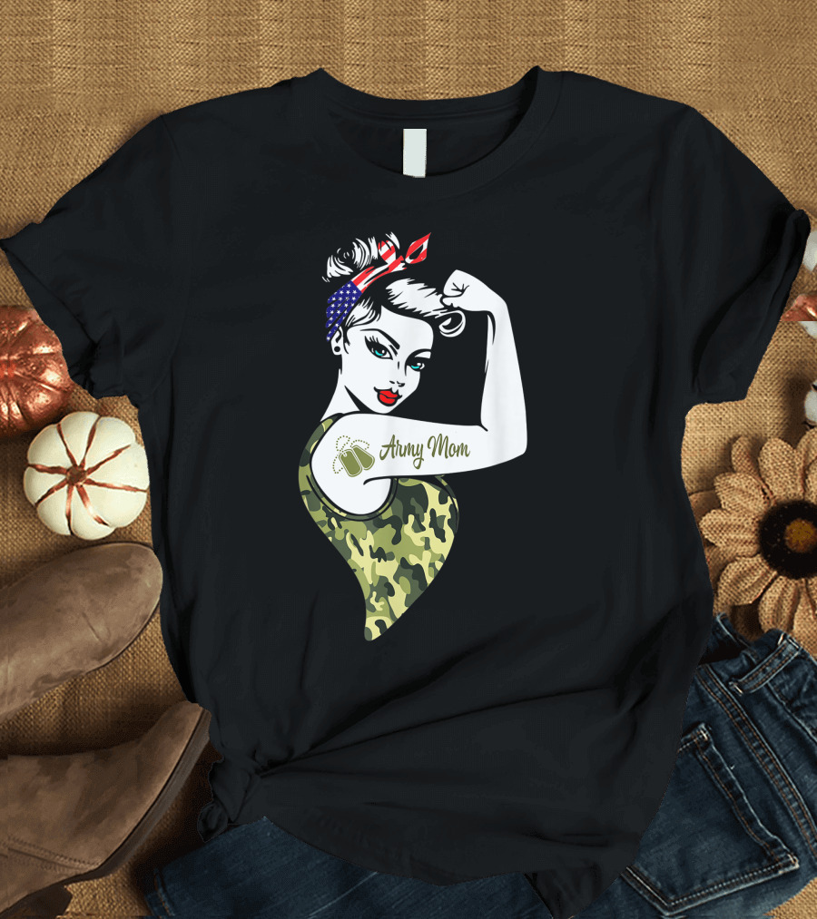 Army Mom Strong American Flag Camouflage Tattoo T-Shirt