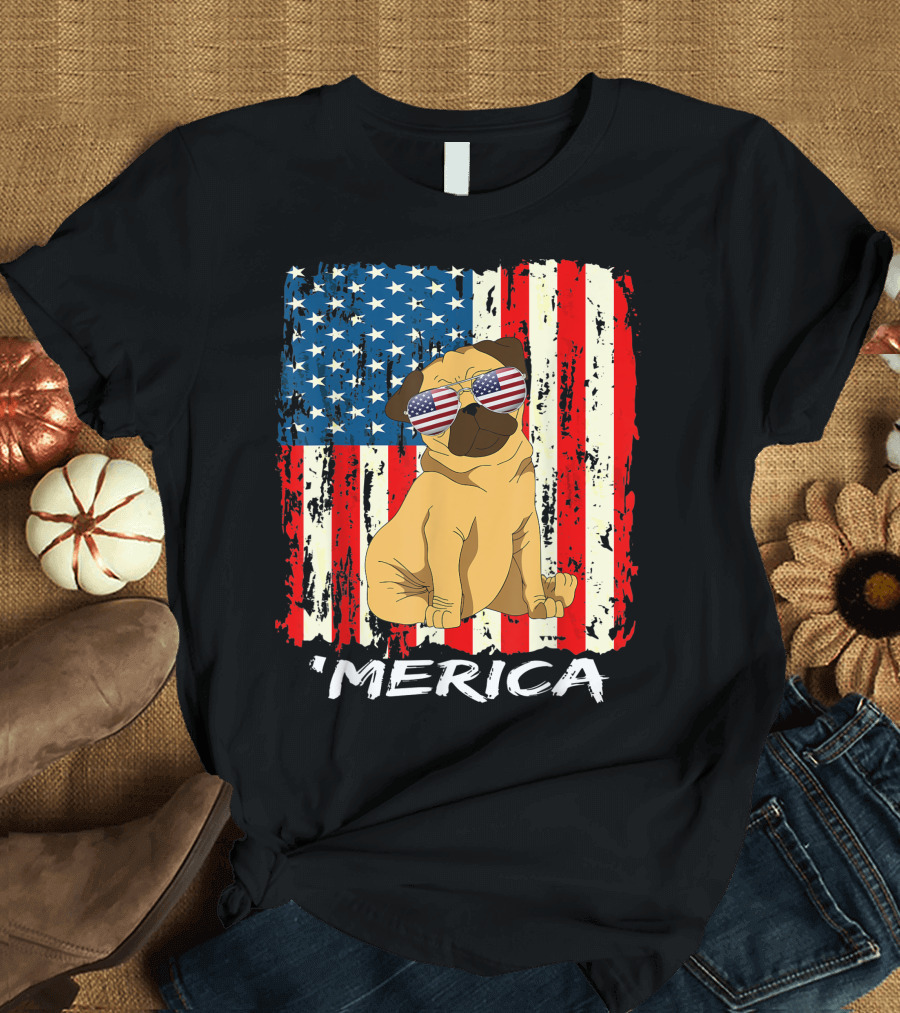 USA Stars and Stripes Pug 'Merica American Flag 4th of July T-Shirt