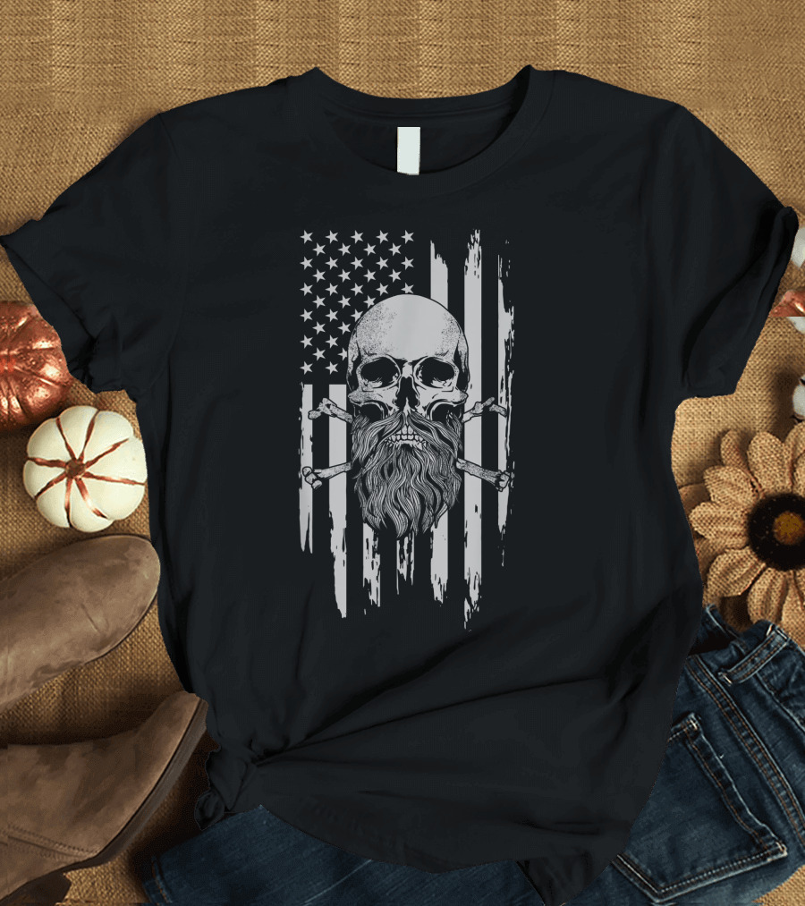 American Flag Bearded Skull and Crossbones Patriotic T-Shirt