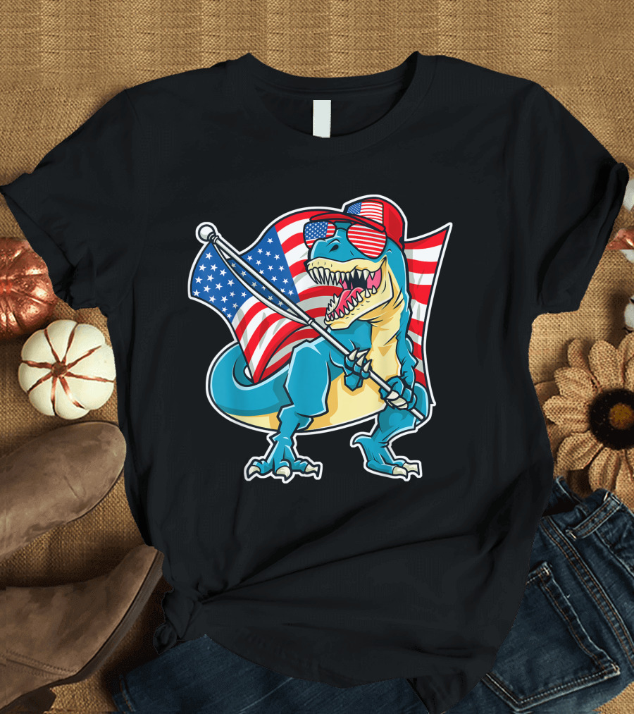 Dinosaur T Rex 4th Of July American Flag USA Boys T-Shirt