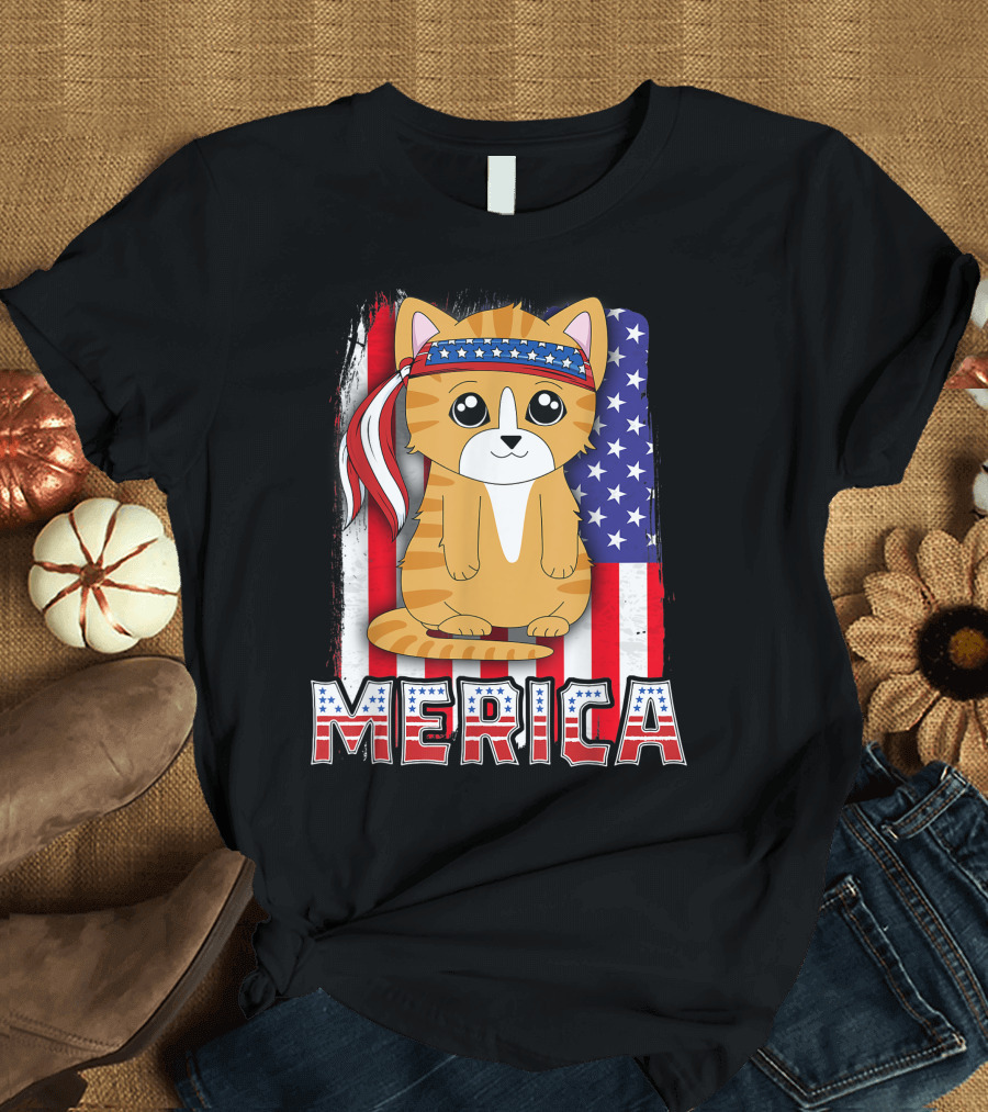 Merica Cat Kitty Kitten 4th of July American Flag T-Shirt