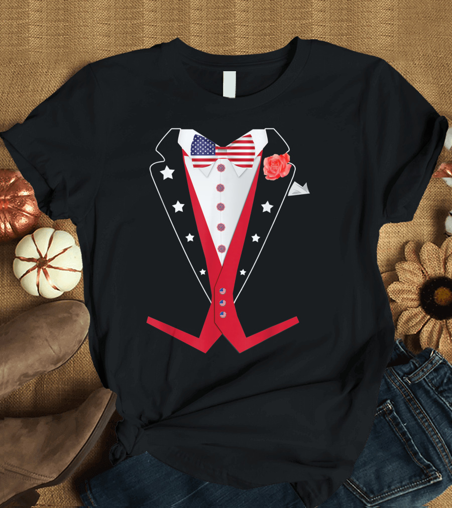 Red White and Blue 4th of July Tuxedo American Patriotic Suit with Bow Tie and Stars T-Shirt