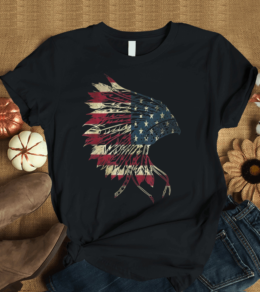 Vintage American Flag Headdress Native Indian 4th of July T-Shirt