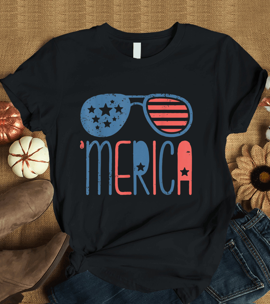 Merica American Flag Stars and Stripes Aviators Toddler 4th of July T-Shirt
