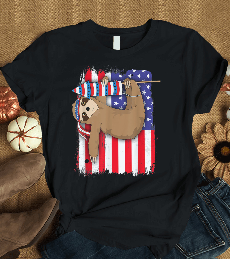 American Flag Sloth 4th of July Kids Women Lazy USA Independence Day Rocket T-Shirt