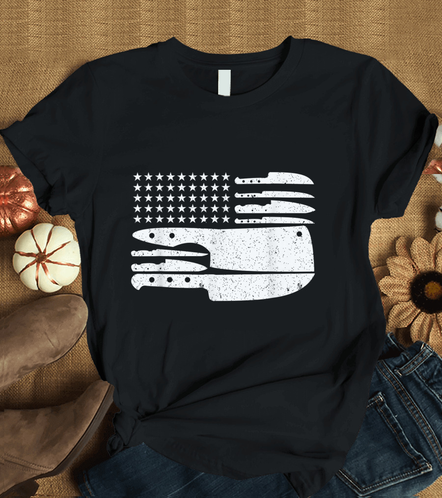 American Flag Made of Chef Knives and Stars T-Shirt