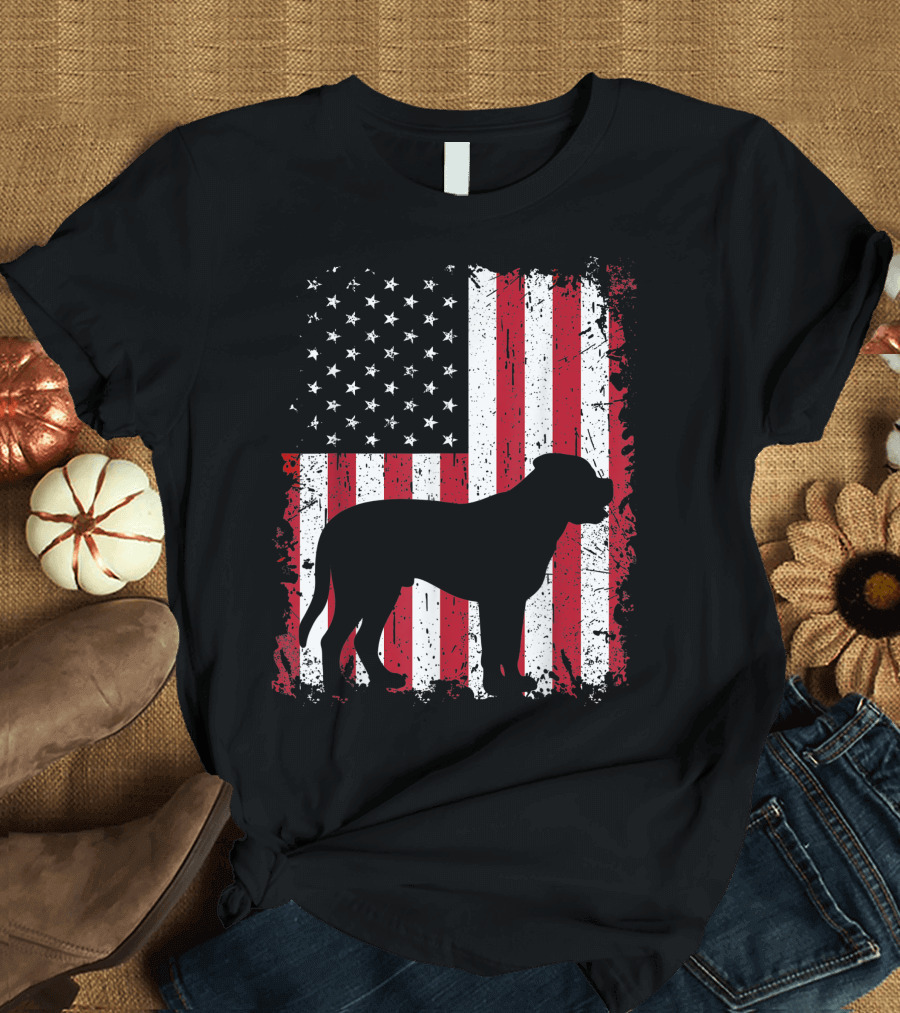 Bull Mastiff Silhouette on American USA Flag for 4th of July Patriotic T-Shirt