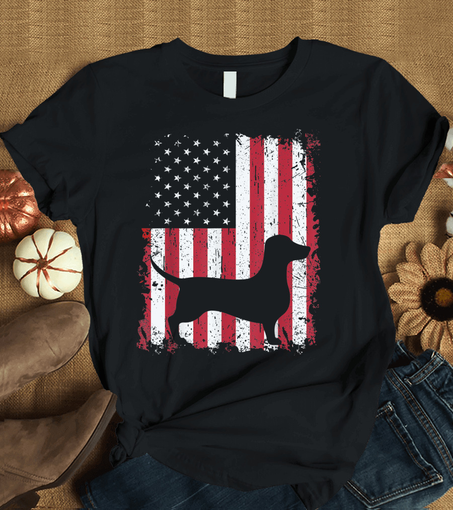 Patriotic 4th of July Dachshund Silhouette with American USA Flag Background T-Shirt